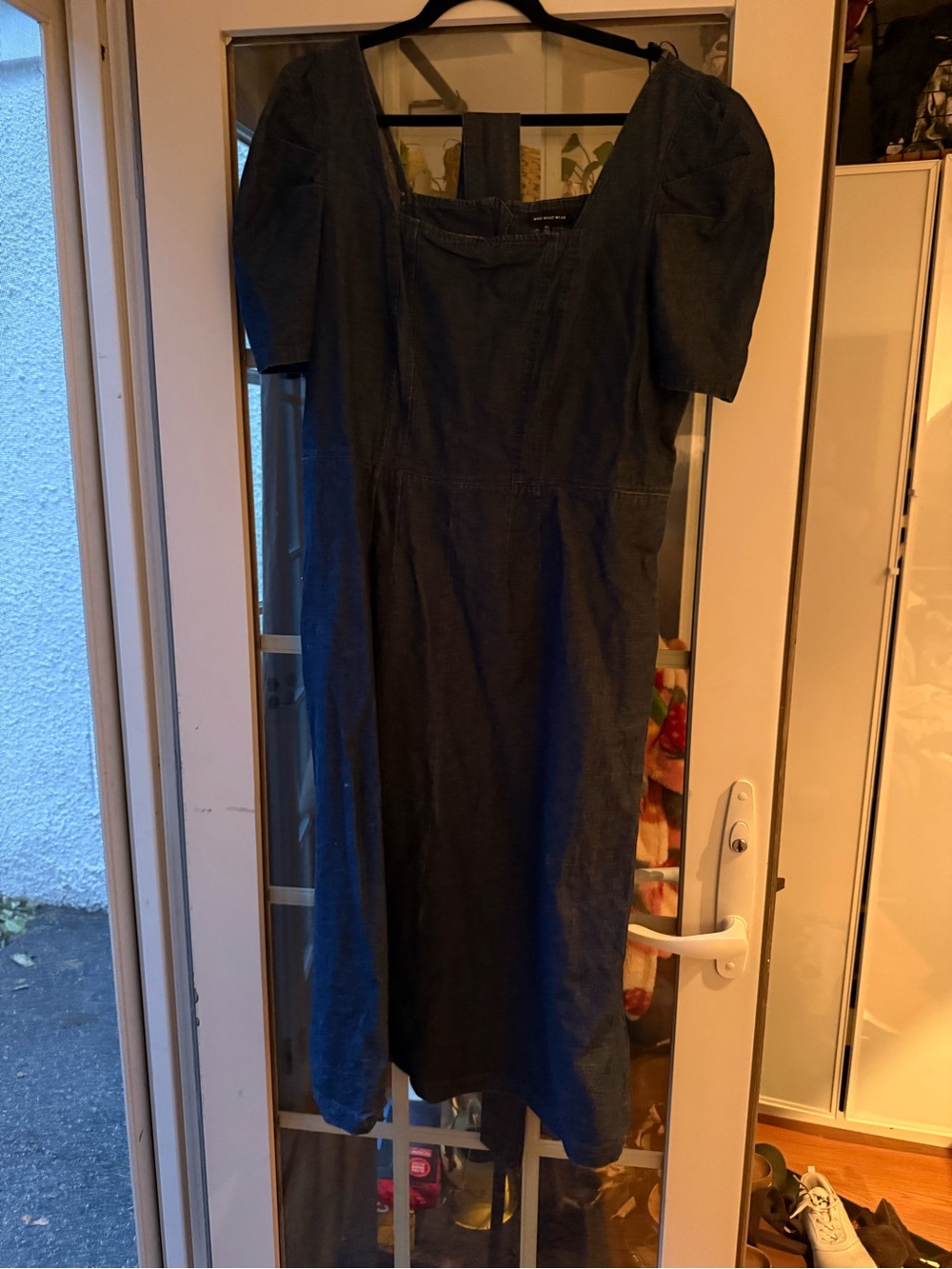 Denim Midi Dress with Puff Sleeves - Dark Blue - 100% cotton